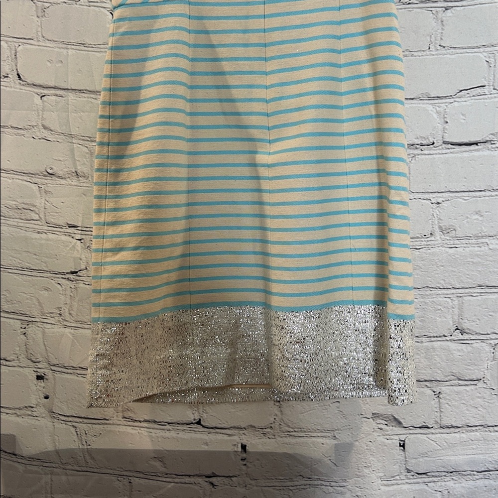Lilly Pulitzer Blue & Ivory Striped Metallic Silver Trim Strapless Dress Size 0 - Picture 6 of 9